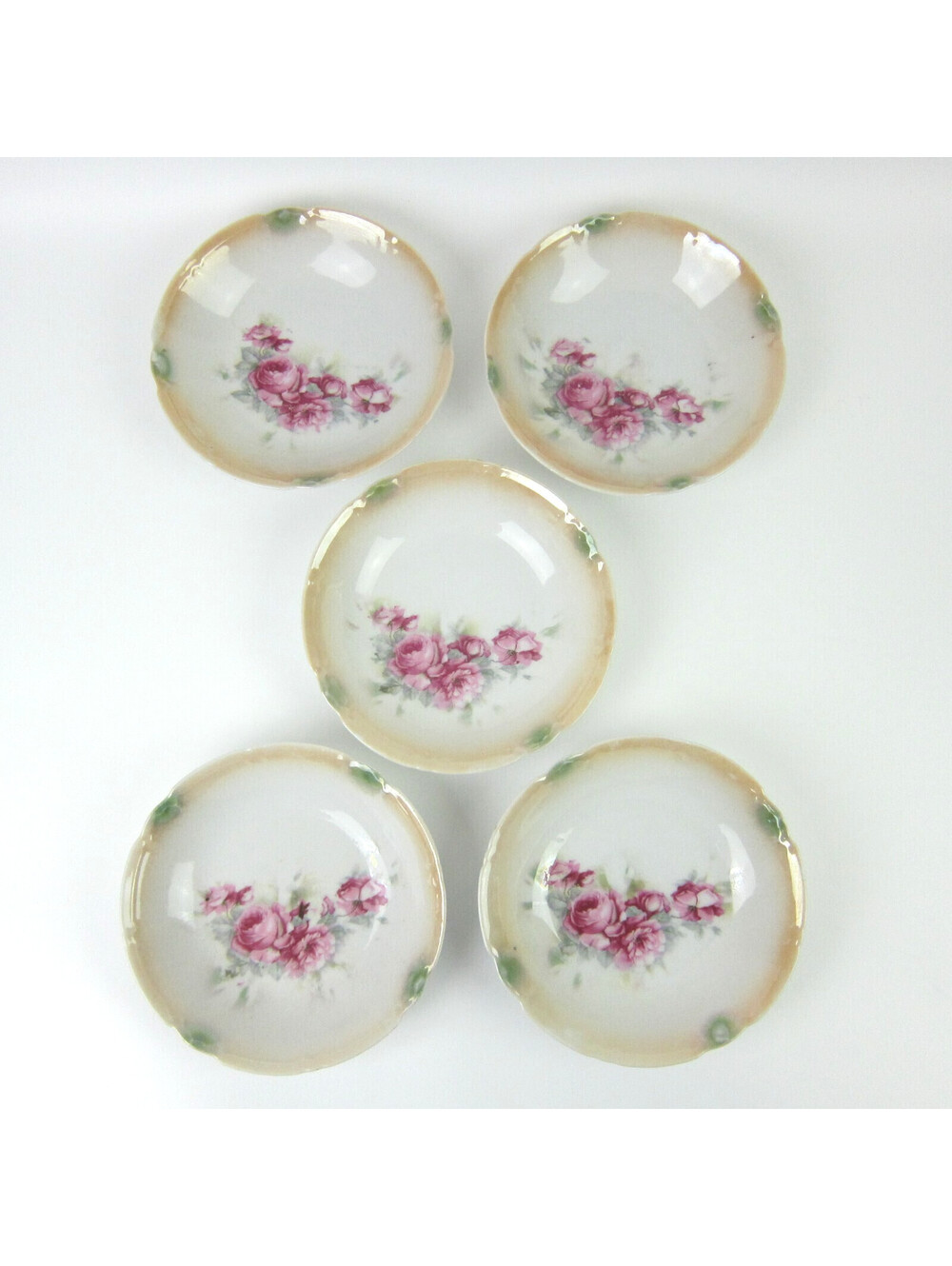5 Antique Porcelain Bowls Roses Pink Green Lusterware Three Crown China Germany
